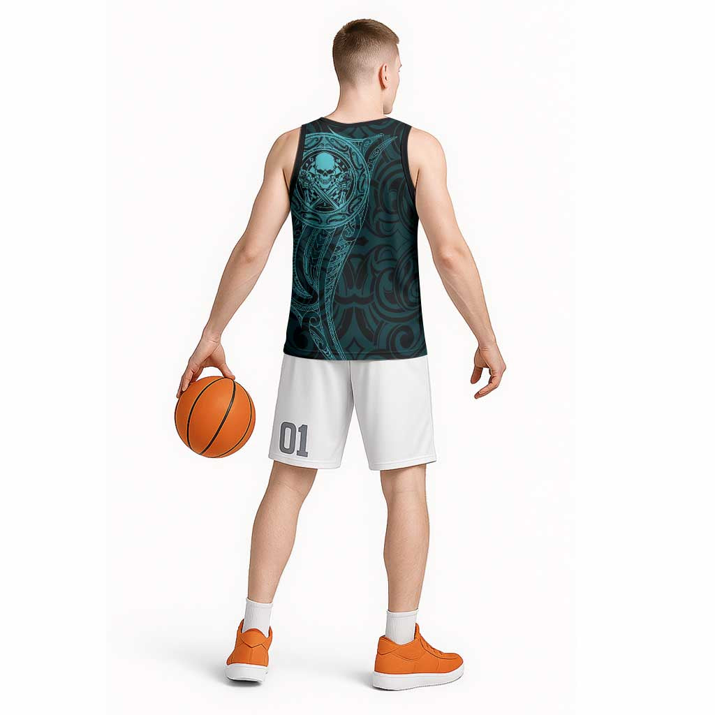 New Zealand Skull Darts Basketball Jersey Aotearoa Maori Chest Tattoo Stylized Teal - Aussie Hoodie
