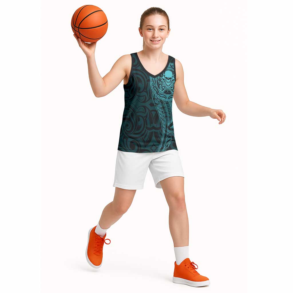 New Zealand Skull Darts Basketball Jersey Aotearoa Maori Chest Tattoo Stylized Teal - Aussie Hoodie