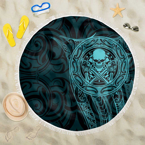 New Zealand Skull Darts Beach Blanket Aotearoa Maori Chest Tattoo Stylized Teal - Aussie Hoodie