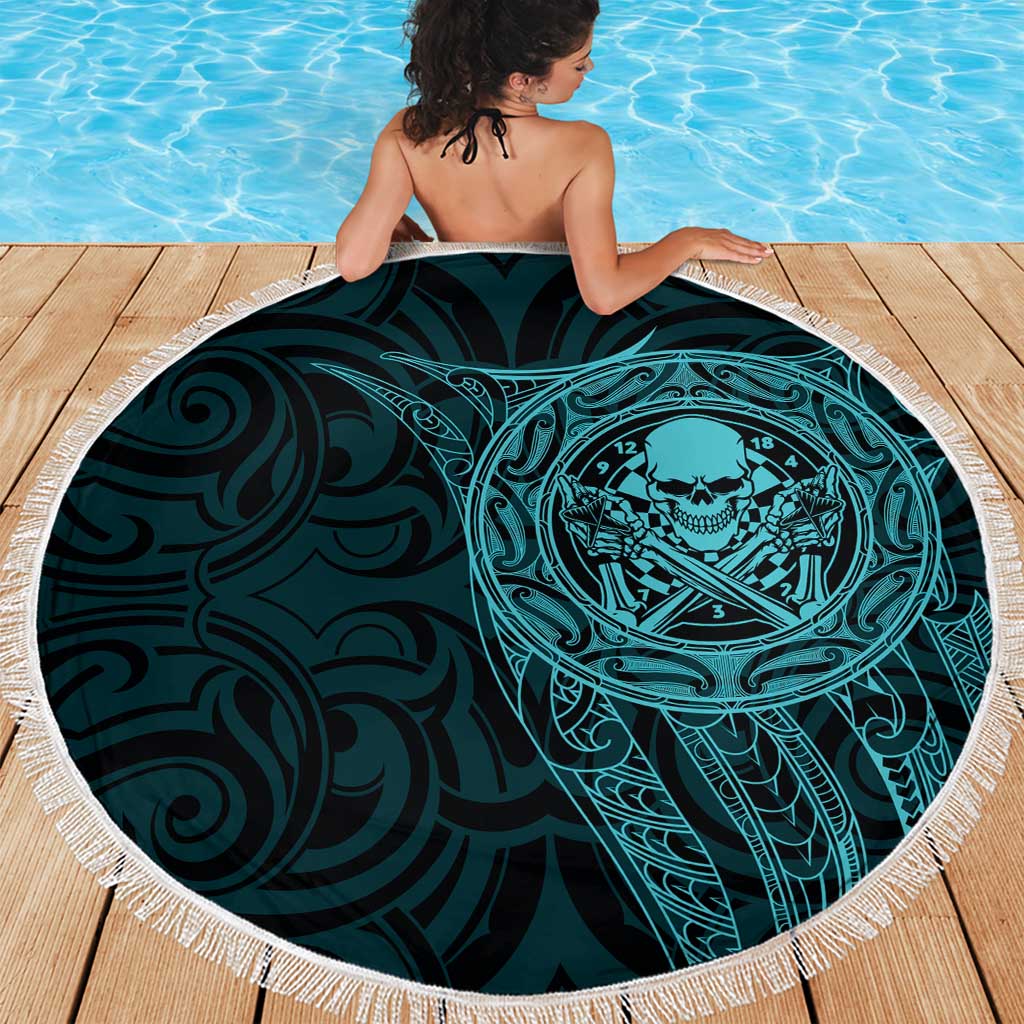 New Zealand Skull Darts Beach Blanket Aotearoa Maori Chest Tattoo Stylized Teal - Aussie Hoodie