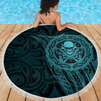 New Zealand Skull Darts Beach Blanket Aotearoa Maori Chest Tattoo Stylized Teal - Aussie Hoodie