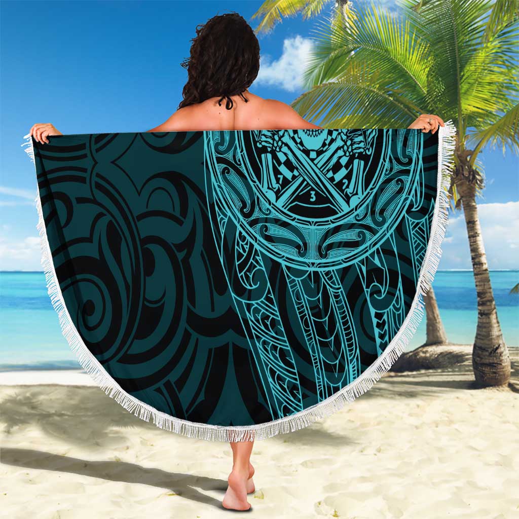 New Zealand Skull Darts Beach Blanket Aotearoa Maori Chest Tattoo Stylized Teal - Aussie Hoodie