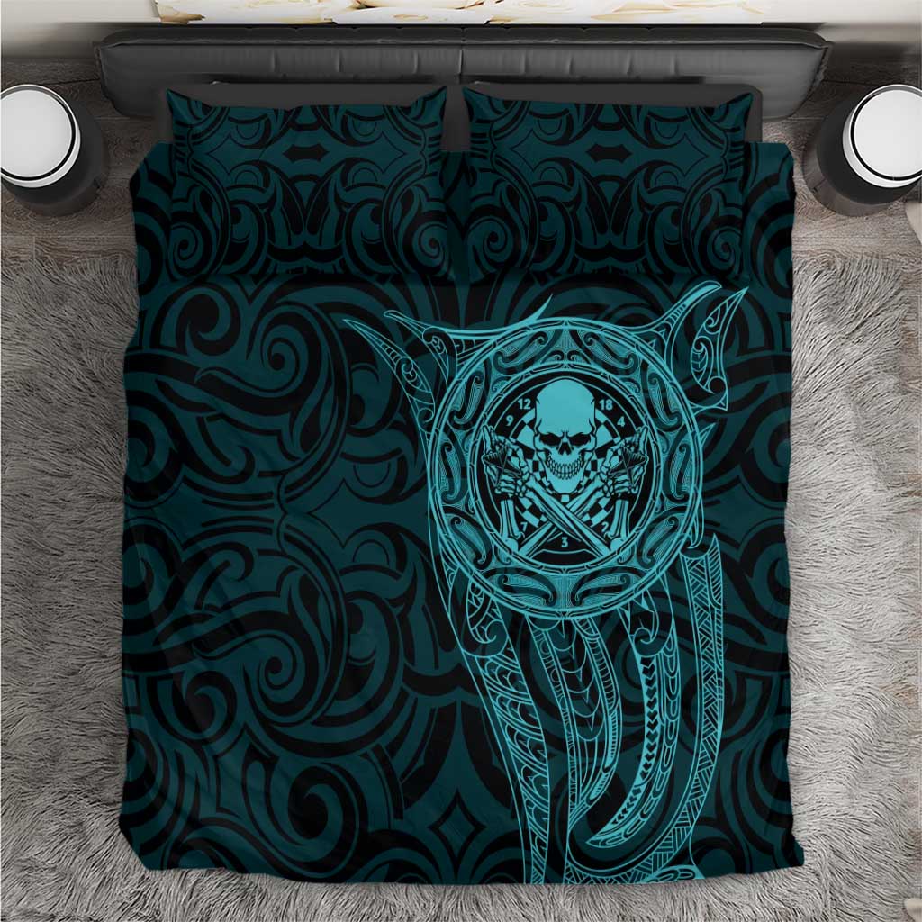 New Zealand Skull Darts Bedding Set Aotearoa Maori Chest Tattoo Stylized Teal - Aussie Hoodie