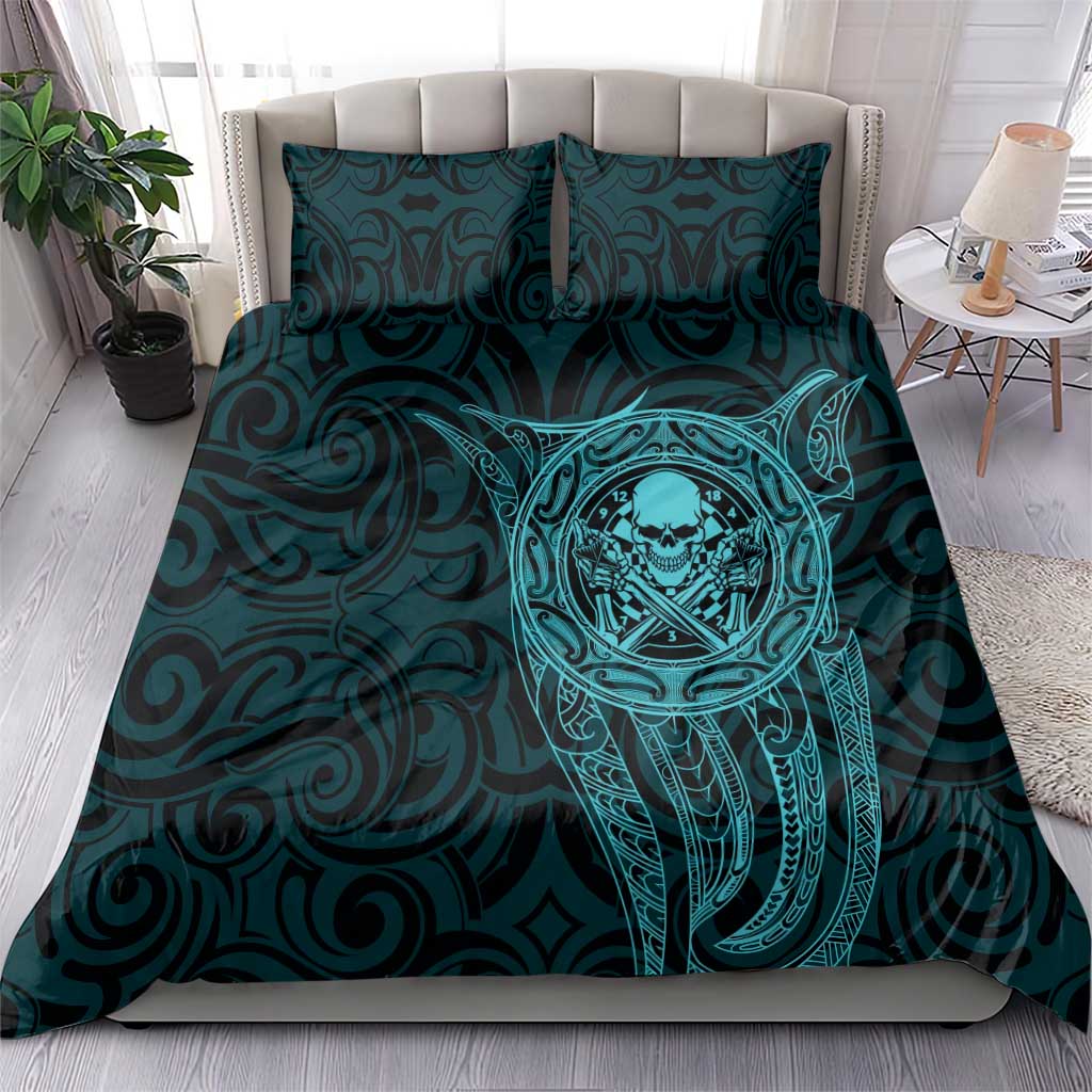 New Zealand Skull Darts Bedding Set Aotearoa Maori Chest Tattoo Stylized Teal - Aussie Hoodie
