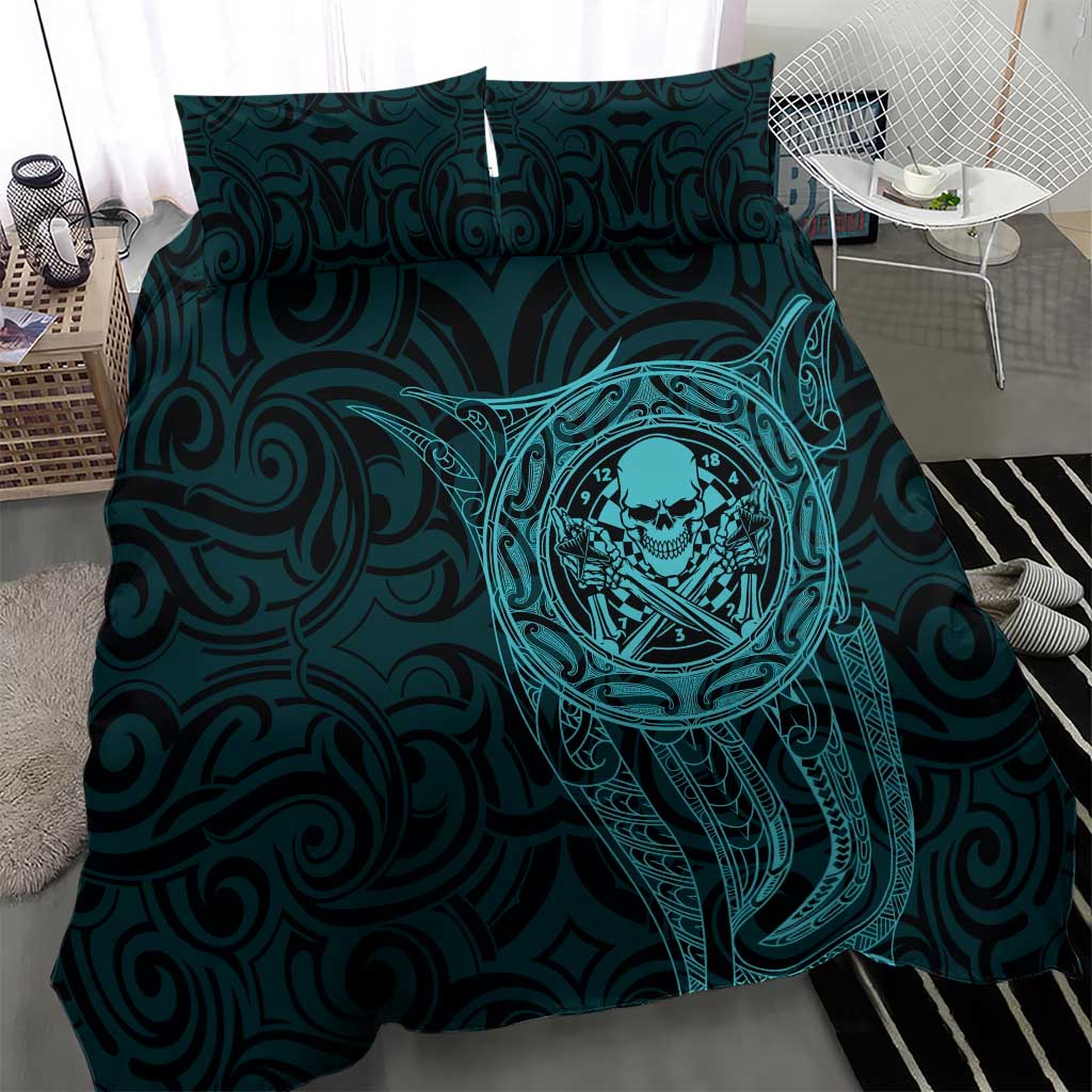 New Zealand Skull Darts Bedding Set Aotearoa Maori Chest Tattoo Stylized Teal - Aussie Hoodie
