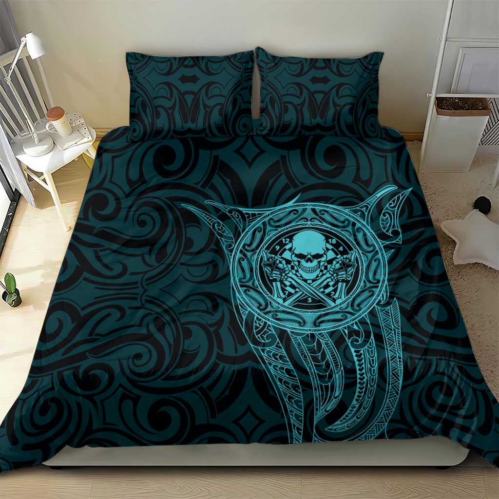 New Zealand Skull Darts Bedding Set Aotearoa Maori Chest Tattoo Stylized Teal - Aussie Hoodie