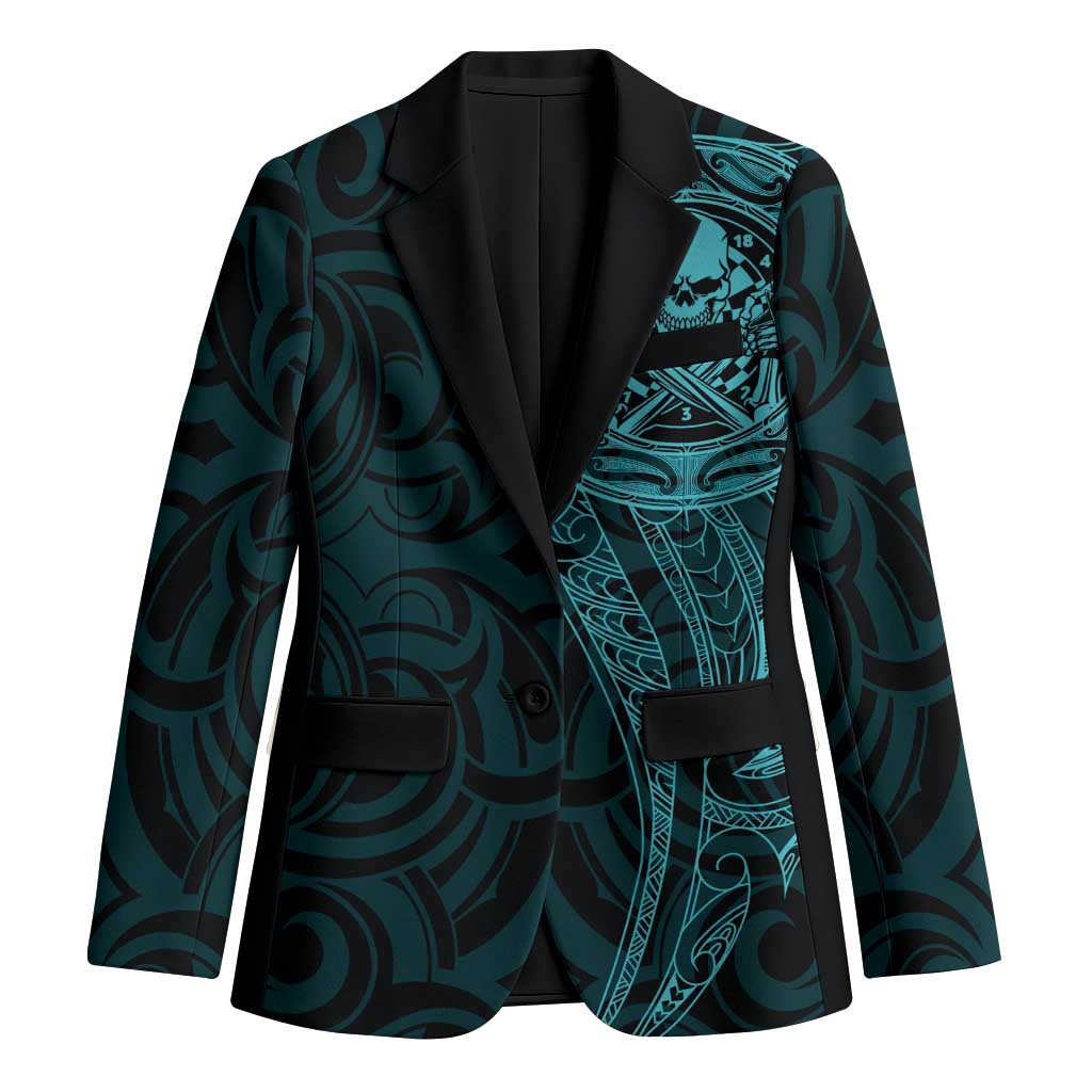 New Zealand Skull Darts Blazer Aotearoa Maori Chest Tattoo Stylized Teal - Aussie Hoodie
