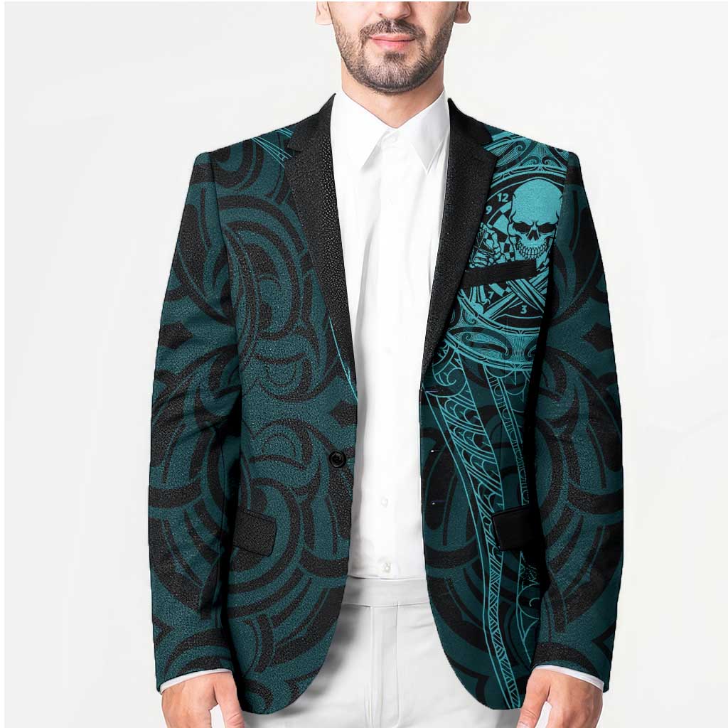 New Zealand Skull Darts Blazer Aotearoa Maori Chest Tattoo Stylized Teal - Aussie Hoodie