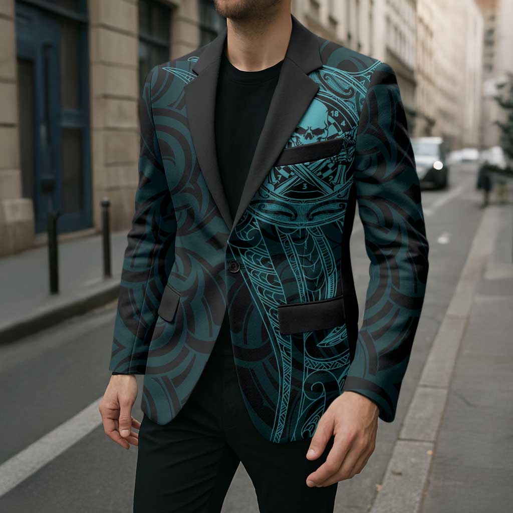 New Zealand Skull Darts Blazer Aotearoa Maori Chest Tattoo Stylized Teal - Aussie Hoodie