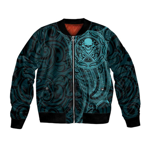 New Zealand Skull Darts Bomber Jacket Aotearoa Maori Chest Tattoo Stylized Teal - Aussie Hoodie