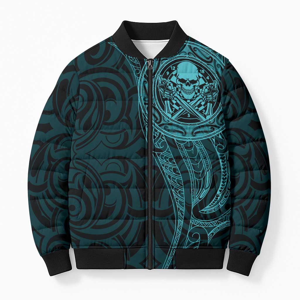 New Zealand Skull Darts Bomber Puffer Jacket Aotearoa Maori Chest Tattoo Stylized Teal - Aussie Hoodie