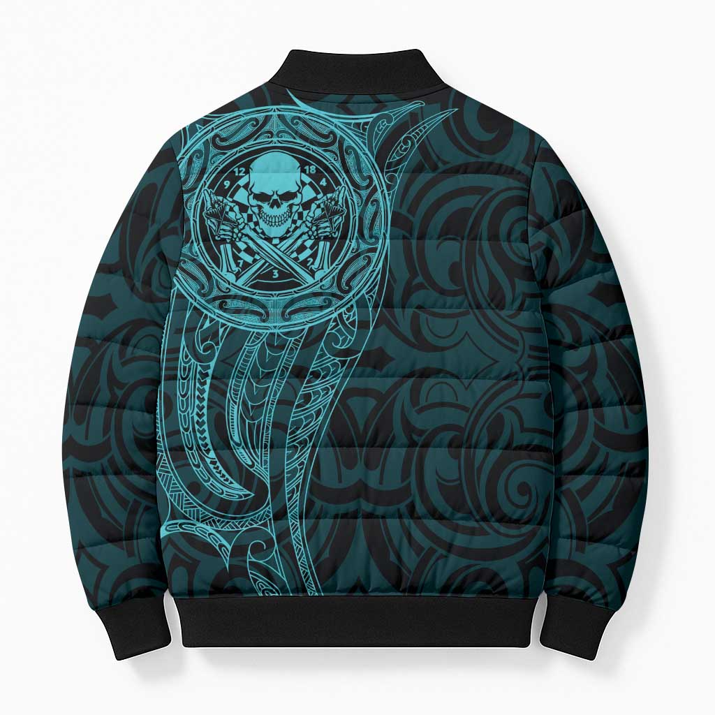 New Zealand Skull Darts Bomber Puffer Jacket Aotearoa Maori Chest Tattoo Stylized Teal - Aussie Hoodie
