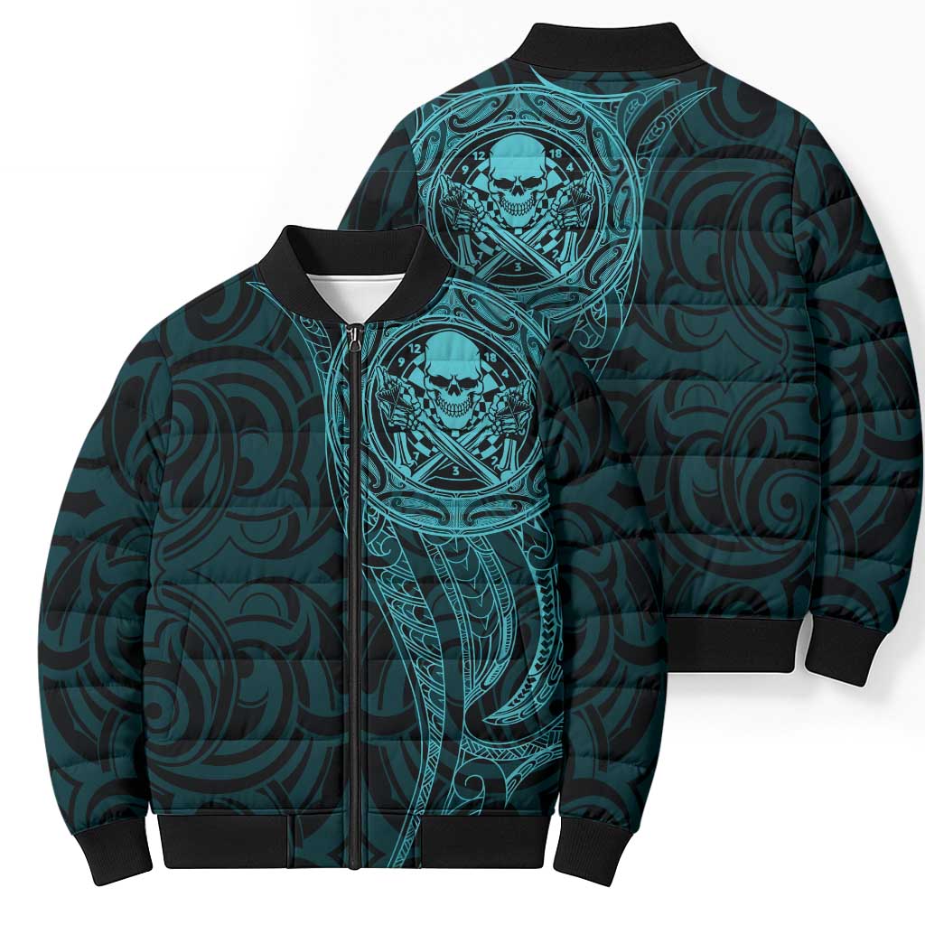 New Zealand Skull Darts Bomber Puffer Jacket Aotearoa Maori Chest Tattoo Stylized Teal - Aussie Hoodie