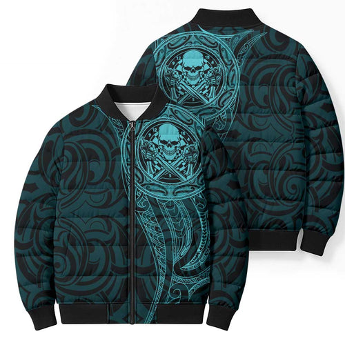New Zealand Skull Darts Bomber Puffer Jacket Aotearoa Maori Chest Tattoo Stylized Teal - Aussie Hoodie