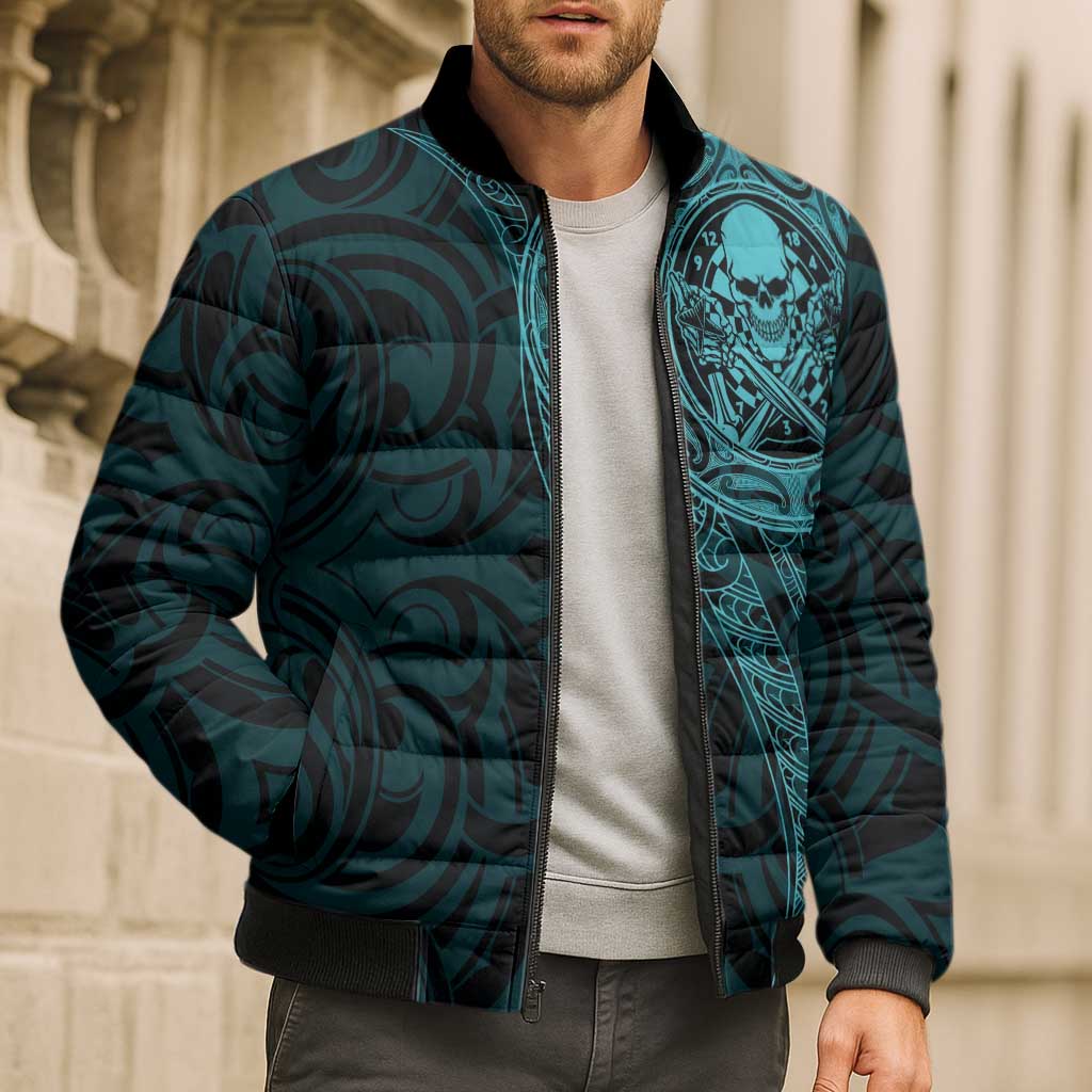 New Zealand Skull Darts Bomber Puffer Jacket Aotearoa Maori Chest Tattoo Stylized Teal - Aussie Hoodie