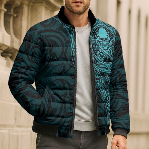 New Zealand Skull Darts Bomber Puffer Jacket Aotearoa Maori Chest Tattoo Stylized Teal - Aussie Hoodie