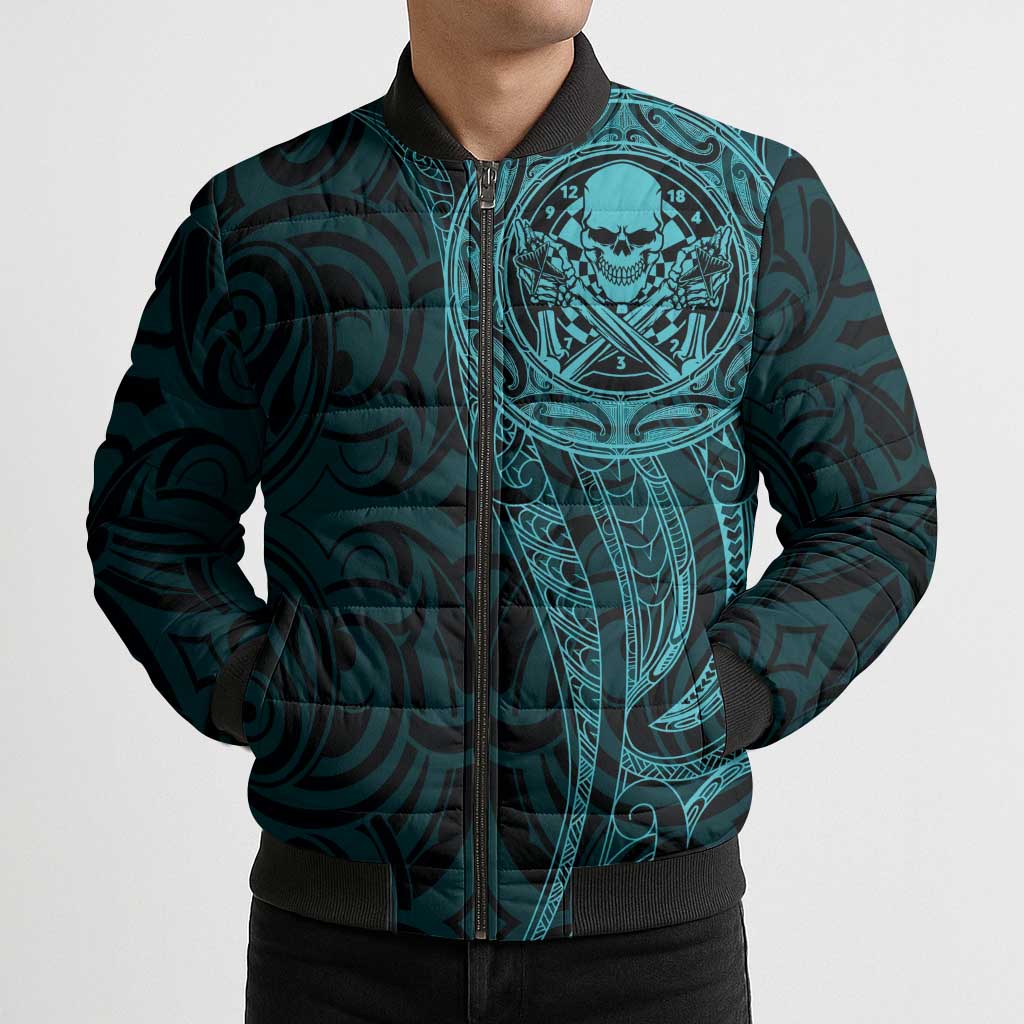 New Zealand Skull Darts Bomber Puffer Jacket Aotearoa Maori Chest Tattoo Stylized Teal - Aussie Hoodie