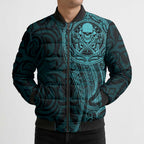 New Zealand Skull Darts Bomber Puffer Jacket Aotearoa Maori Chest Tattoo Stylized Teal - Aussie Hoodie