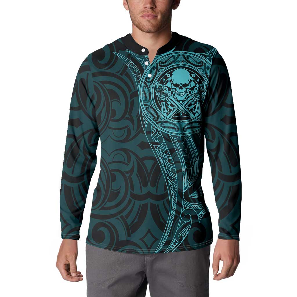 New Zealand Skull Darts Button Sweatshirt Aotearoa Maori Chest Tattoo Stylized Teal - Aussie Hoodie