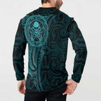 New Zealand Skull Darts Button Sweatshirt Aotearoa Maori Chest Tattoo Stylized Teal - Aussie Hoodie