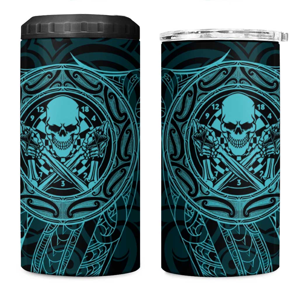 New Zealand Skull Darts 4 in 1 Can Cooler Tumbler Aotearoa Maori Chest Tattoo Stylized Teal - Aussie Hoodie