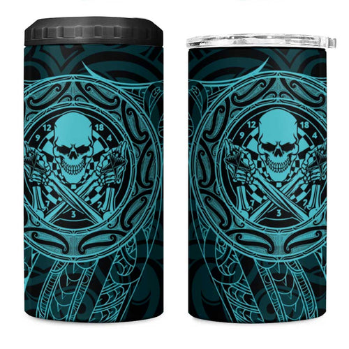 New Zealand Skull Darts 4 in 1 Can Cooler Tumbler Aotearoa Maori Chest Tattoo Stylized Teal - Aussie Hoodie