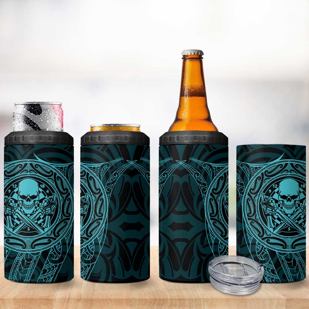 New Zealand Skull Darts 4 in 1 Can Cooler Tumbler Aotearoa Maori Chest Tattoo Stylized Teal - Aussie Hoodie
