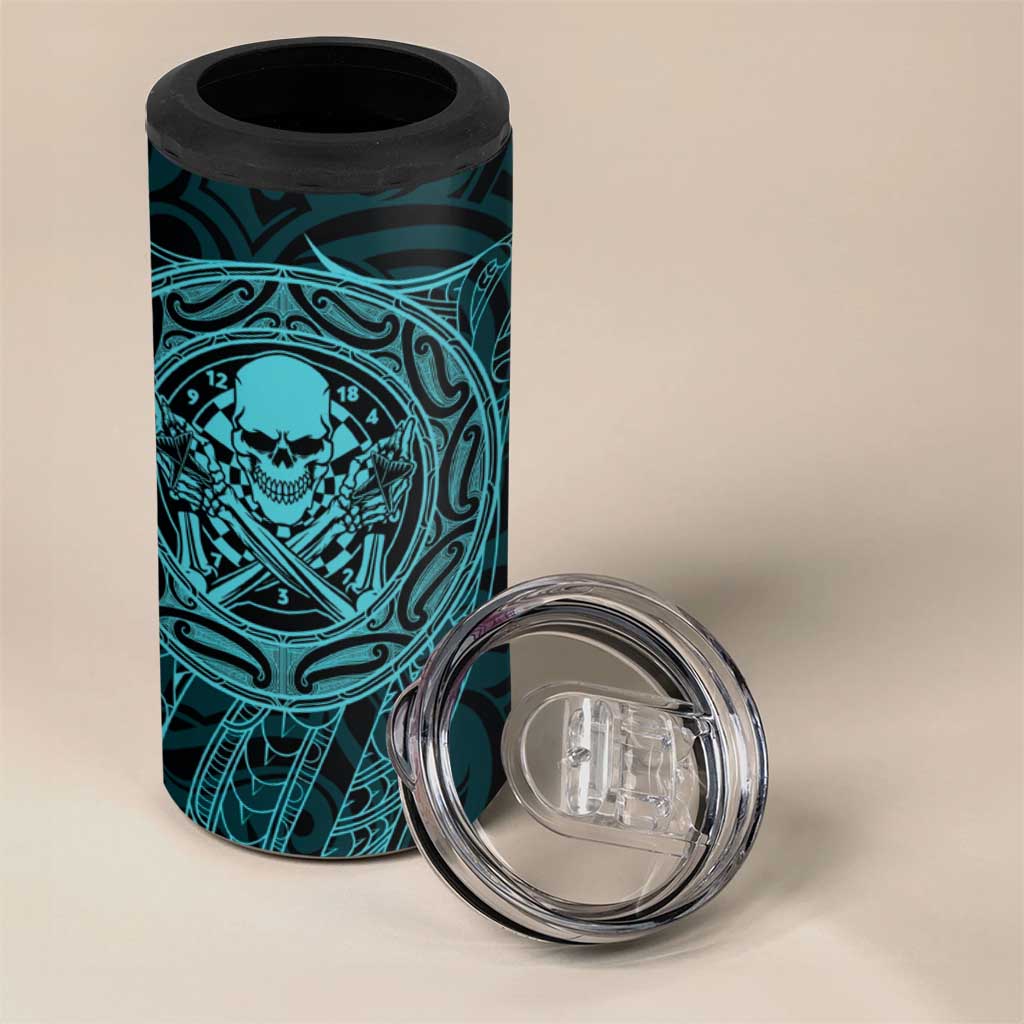 New Zealand Skull Darts 4 in 1 Can Cooler Tumbler Aotearoa Maori Chest Tattoo Stylized Teal - Aussie Hoodie