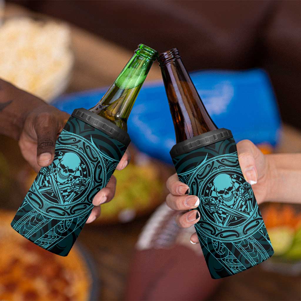 New Zealand Skull Darts 4 in 1 Can Cooler Tumbler Aotearoa Maori Chest Tattoo Stylized Teal - Aussie Hoodie