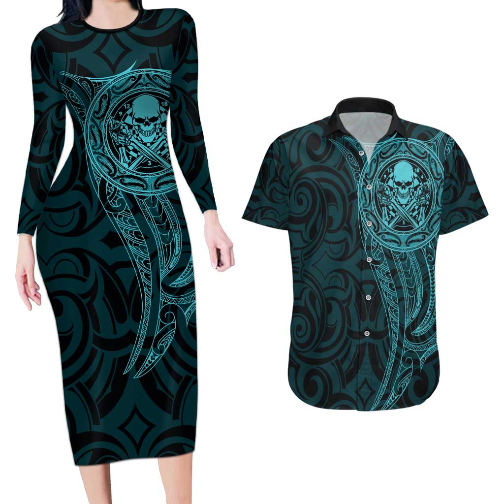 New Zealand Skull Darts Couples Matching Long Sleeve Bodycon Dress and Hawaiian Shirt Aotearoa Maori Chest Tattoo Stylized Teal - Aussie Hoodie