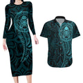 New Zealand Skull Darts Couples Matching Long Sleeve Bodycon Dress and Hawaiian Shirt Aotearoa Maori Chest Tattoo Stylized Teal - Aussie Hoodie