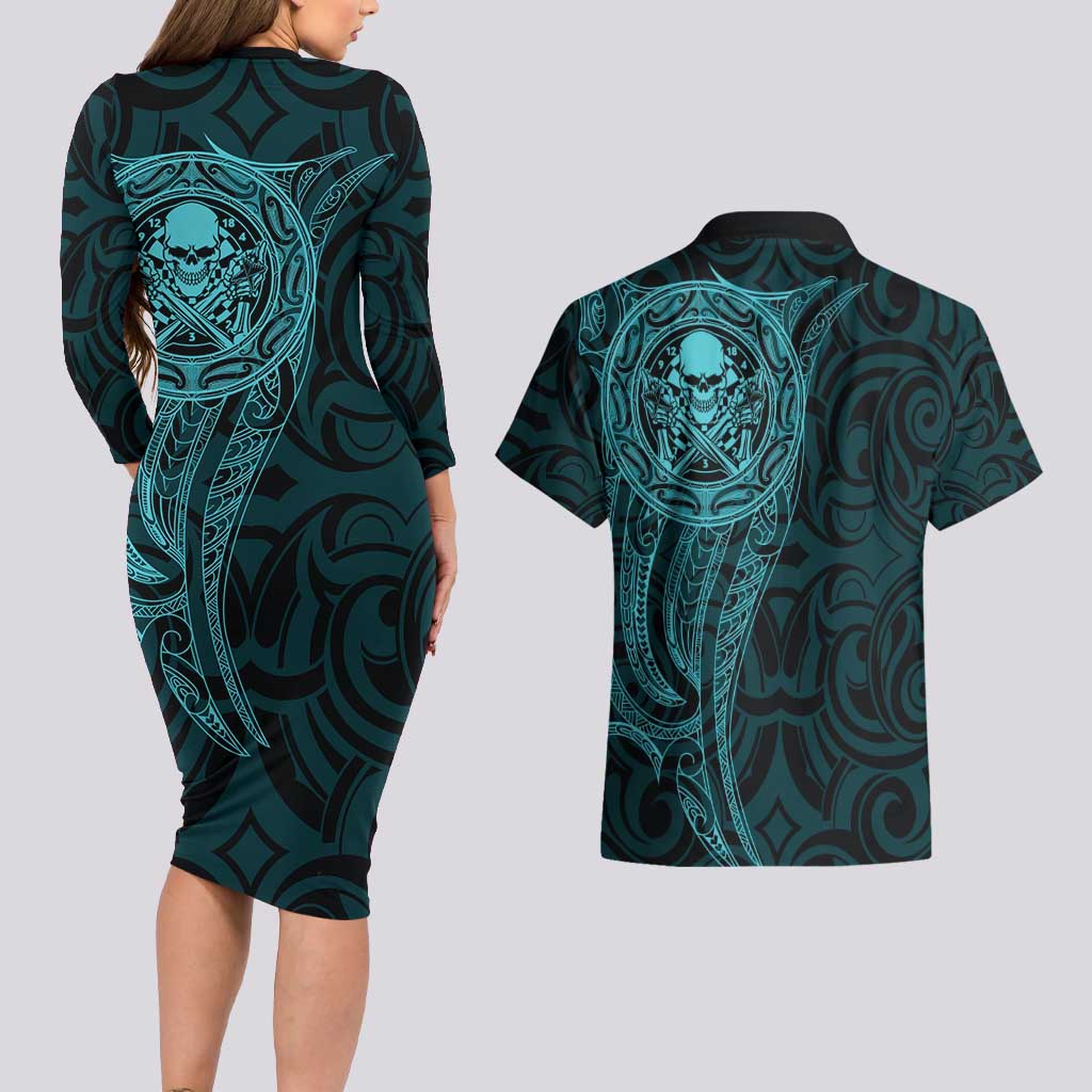 New Zealand Skull Darts Couples Matching Long Sleeve Bodycon Dress and Hawaiian Shirt Aotearoa Maori Chest Tattoo Stylized Teal - Aussie Hoodie