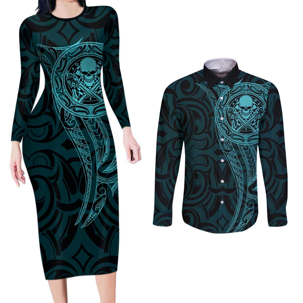New Zealand Skull Darts Couples Matching Long Sleeve Bodycon Dress and Long Sleeve Button Shirt Aotearoa Maori Chest Tattoo Stylized Teal - Aussie Hoodie