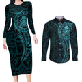 New Zealand Skull Darts Couples Matching Long Sleeve Bodycon Dress and Long Sleeve Button Shirt Aotearoa Maori Chest Tattoo Stylized Teal - Aussie Hoodie