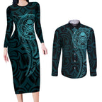 New Zealand Skull Darts Couples Matching Long Sleeve Bodycon Dress and Long Sleeve Button Shirt Aotearoa Maori Chest Tattoo Stylized Teal - Aussie Hoodie