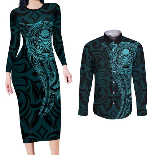 New Zealand Skull Darts Couples Matching Long Sleeve Bodycon Dress and Long Sleeve Button Shirt Aotearoa Maori Chest Tattoo Stylized Teal - Aussie Hoodie