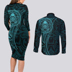 New Zealand Skull Darts Couples Matching Long Sleeve Bodycon Dress and Long Sleeve Button Shirt Aotearoa Maori Chest Tattoo Stylized Teal - Aussie Hoodie