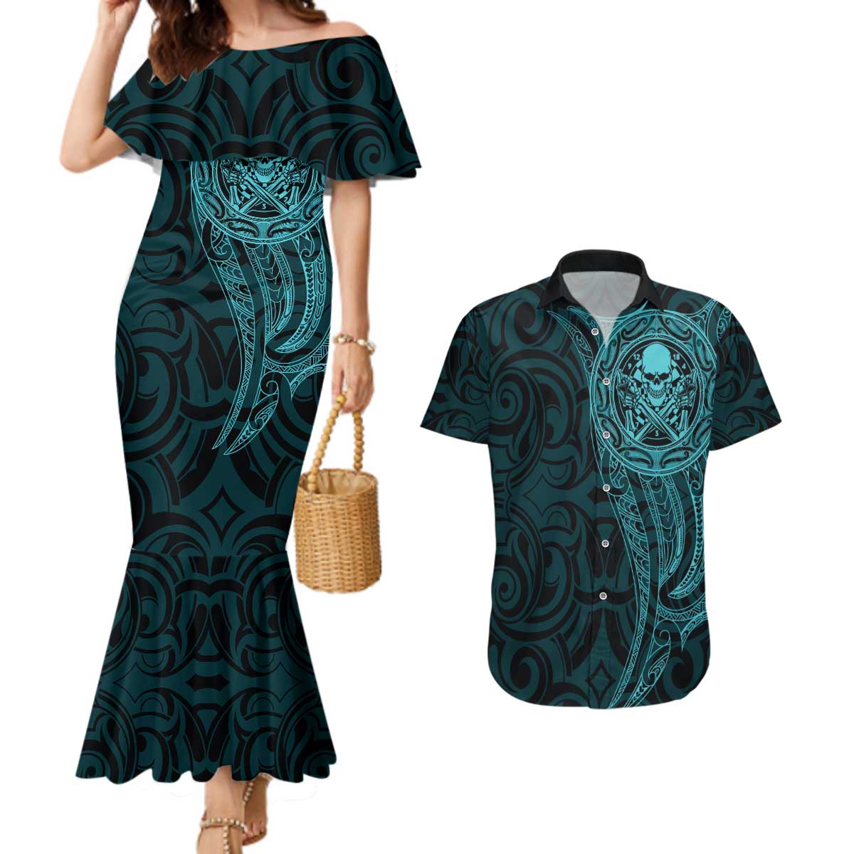 New Zealand Skull Darts Couples Matching Mermaid Dress and Hawaiian Shirt Aotearoa Maori Chest Tattoo Stylized Teal - Aussie Hoodie