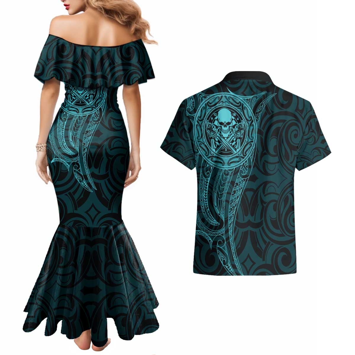 New Zealand Skull Darts Couples Matching Mermaid Dress and Hawaiian Shirt Aotearoa Maori Chest Tattoo Stylized Teal - Aussie Hoodie