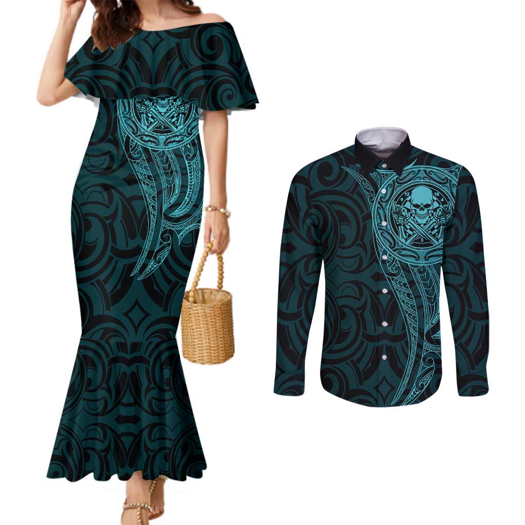 New Zealand Skull Darts Couples Matching Mermaid Dress and Long Sleeve Button Shirt Aotearoa Maori Chest Tattoo Stylized Teal - Aussie Hoodie