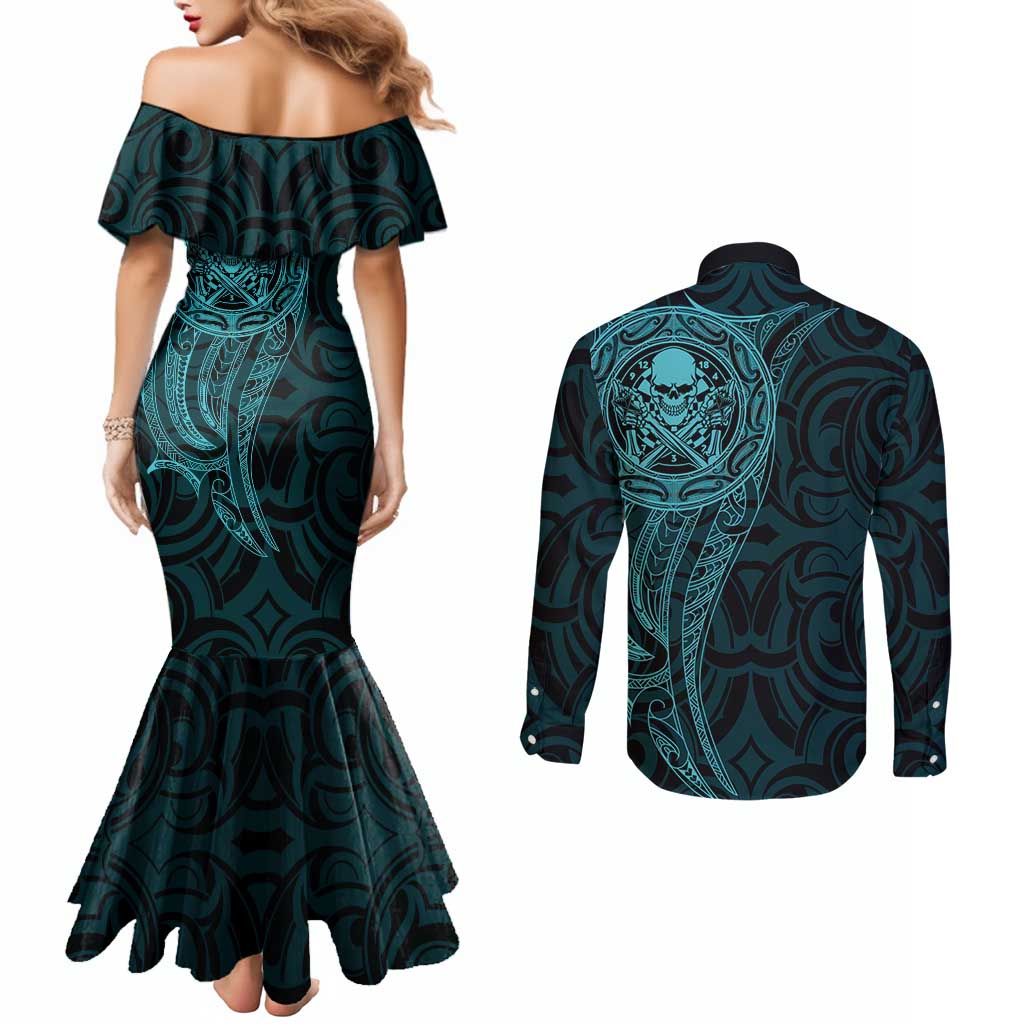 New Zealand Skull Darts Couples Matching Mermaid Dress and Long Sleeve Button Shirt Aotearoa Maori Chest Tattoo Stylized Teal - Aussie Hoodie