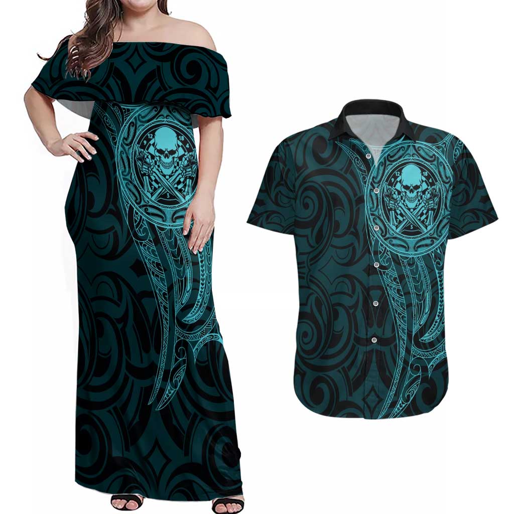 New Zealand Skull Darts Couples Matching Off Shoulder Maxi Dress and Hawaiian Shirt Aotearoa Maori Chest Tattoo Stylized Teal - Aussie Hoodie
