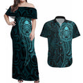 New Zealand Skull Darts Couples Matching Off Shoulder Maxi Dress and Hawaiian Shirt Aotearoa Maori Chest Tattoo Stylized Teal - Aussie Hoodie