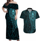 New Zealand Skull Darts Couples Matching Off Shoulder Maxi Dress and Hawaiian Shirt Aotearoa Maori Chest Tattoo Stylized Teal - Aussie Hoodie