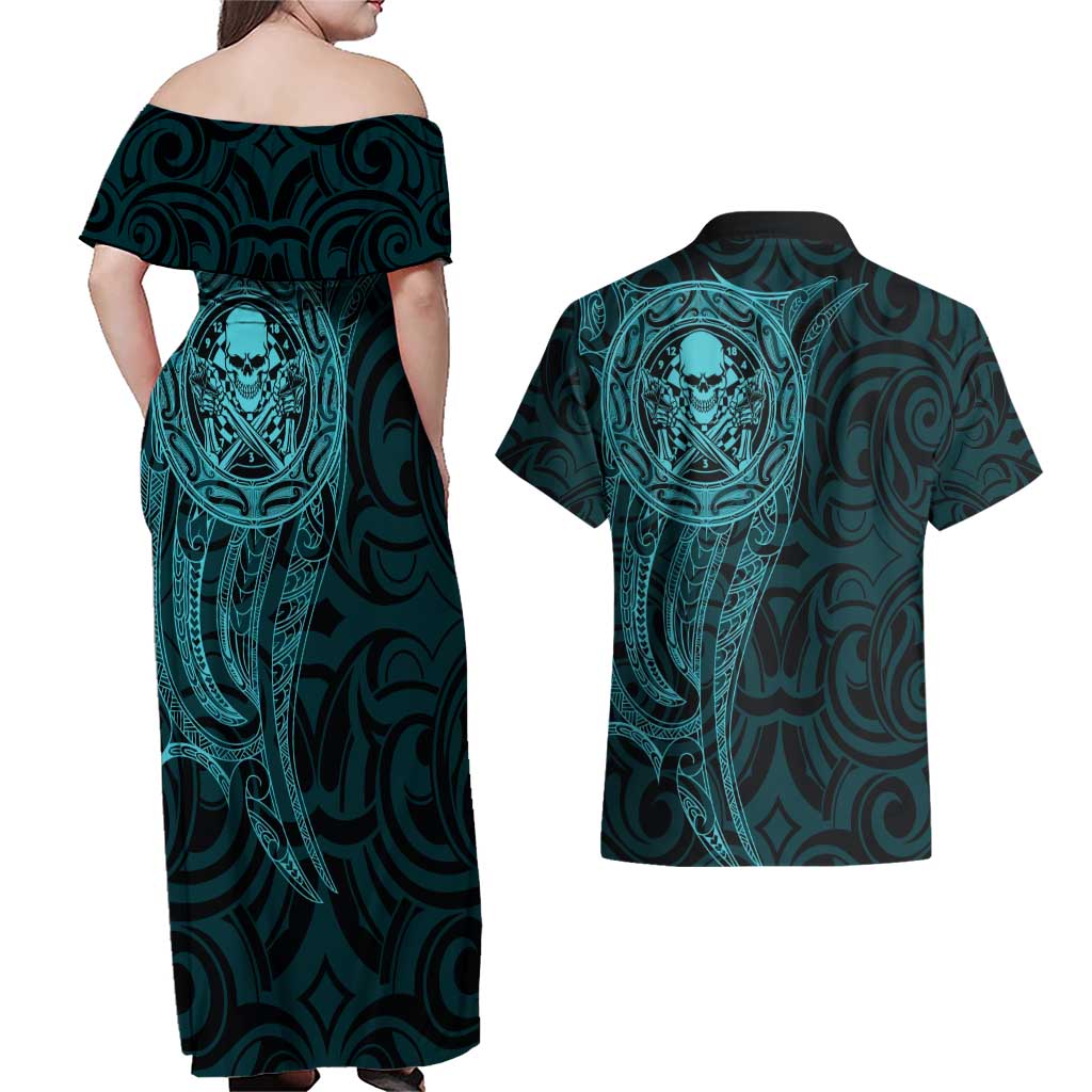 New Zealand Skull Darts Couples Matching Off Shoulder Maxi Dress and Hawaiian Shirt Aotearoa Maori Chest Tattoo Stylized Teal - Aussie Hoodie