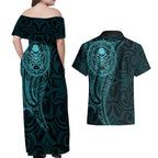 New Zealand Skull Darts Couples Matching Off Shoulder Maxi Dress and Hawaiian Shirt Aotearoa Maori Chest Tattoo Stylized Teal - Aussie Hoodie
