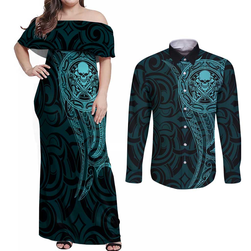 New Zealand Skull Darts Couples Matching Off Shoulder Maxi Dress and Long Sleeve Button Shirt Aotearoa Maori Chest Tattoo Stylized Teal - Aussie Hoodie