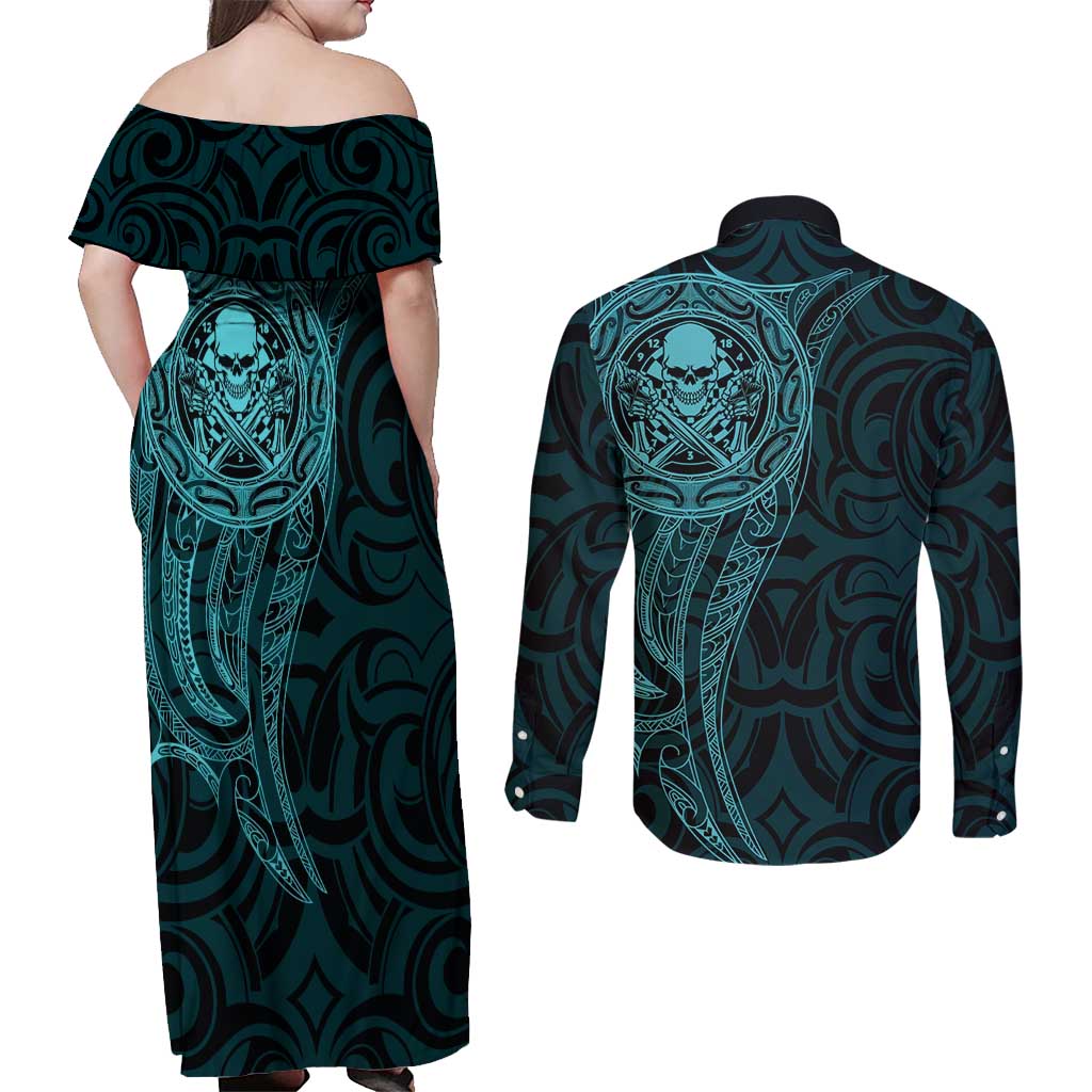 New Zealand Skull Darts Couples Matching Off Shoulder Maxi Dress and Long Sleeve Button Shirt Aotearoa Maori Chest Tattoo Stylized Teal - Aussie Hoodie