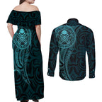 New Zealand Skull Darts Couples Matching Off Shoulder Maxi Dress and Long Sleeve Button Shirt Aotearoa Maori Chest Tattoo Stylized Teal - Aussie Hoodie