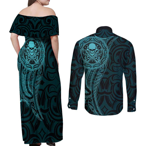 New Zealand Skull Darts Couples Matching Off Shoulder Maxi Dress and Long Sleeve Button Shirt Aotearoa Maori Chest Tattoo Stylized Teal - Aussie Hoodie